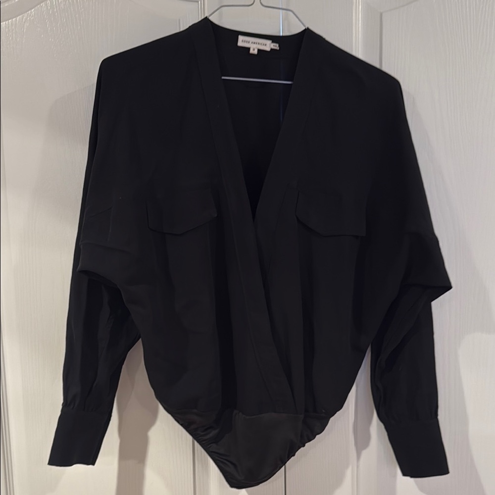 Good American Black Wrap Long Sleeve Bodysuit